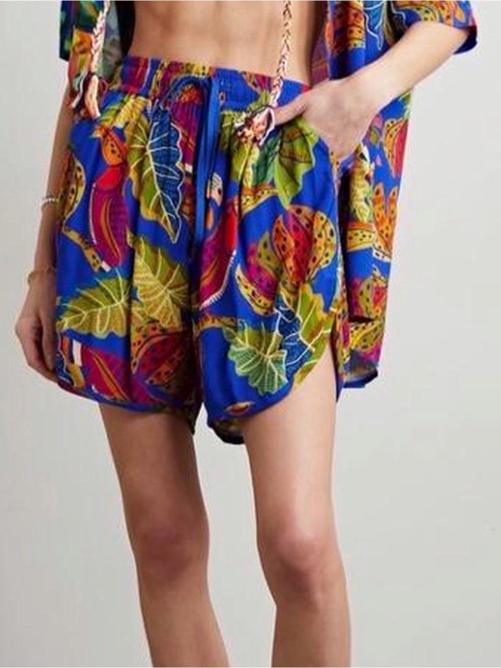 Farm Rio Tropical Leaf Print Shorts XS Blue Pull On Pockets